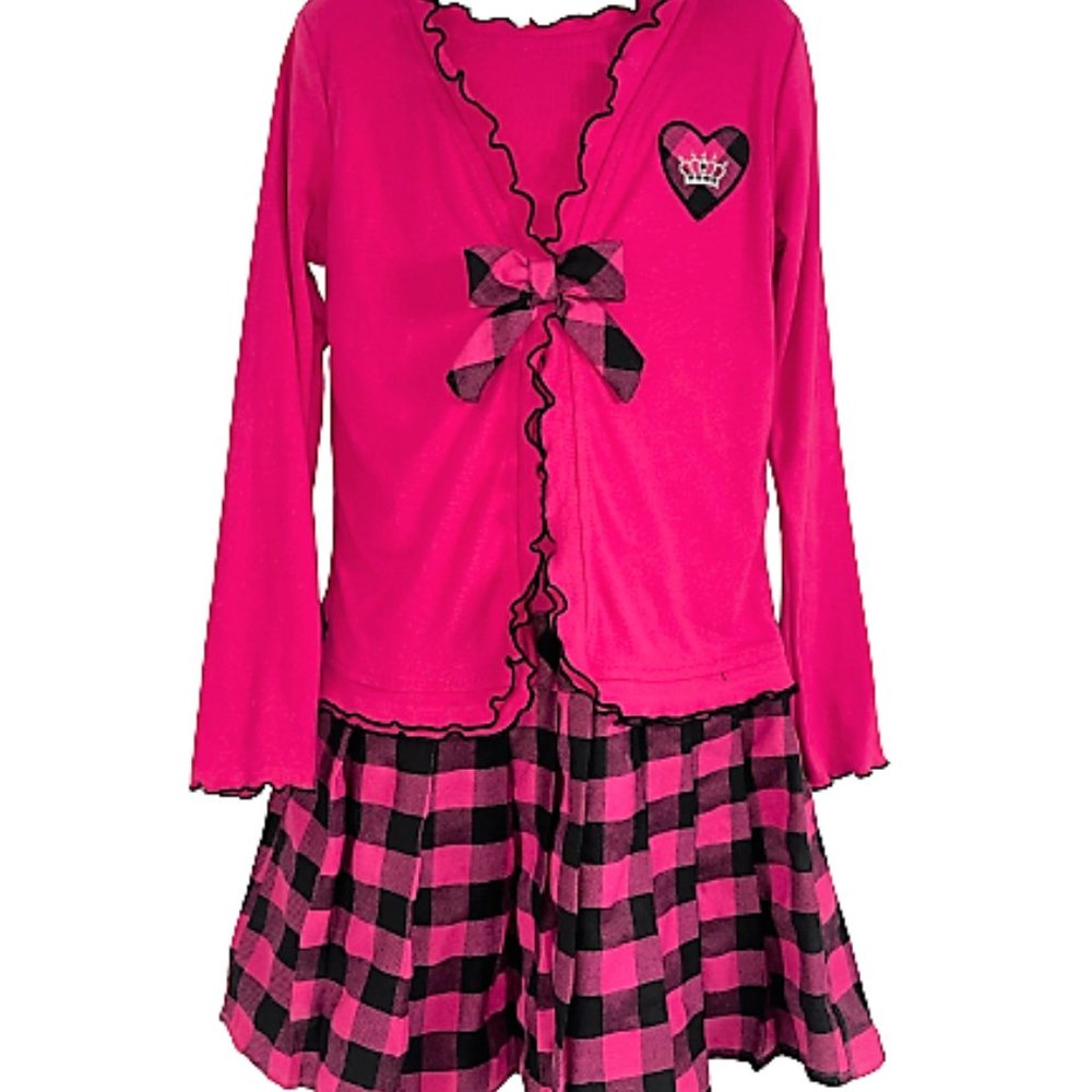 NWT $50 Girl 8 DOLLIE & ME Hot Pink Black Heart Plaid Pleated Skirt Party Dress!